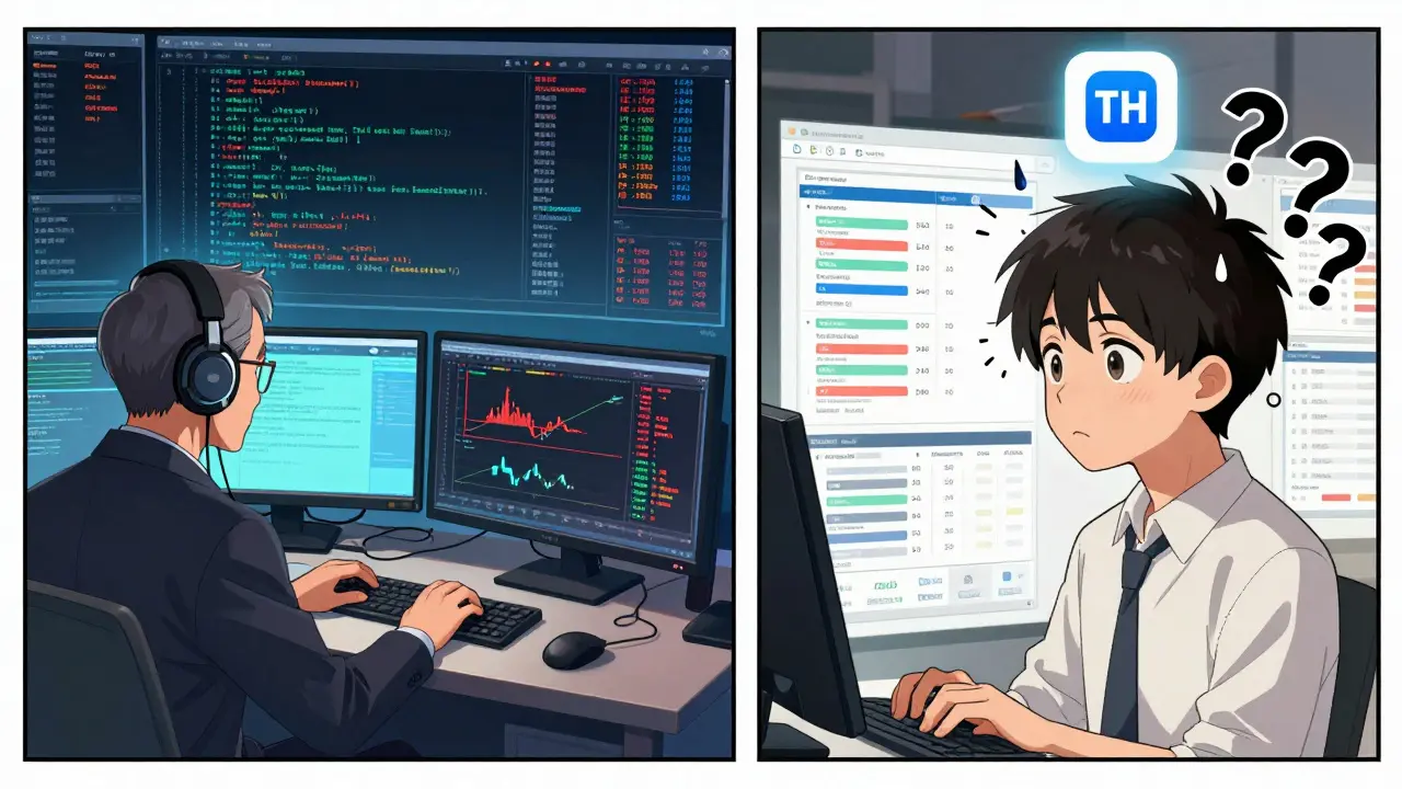 Split scene: experienced trader using API vs confused beginner overwhelmed by trading interface.