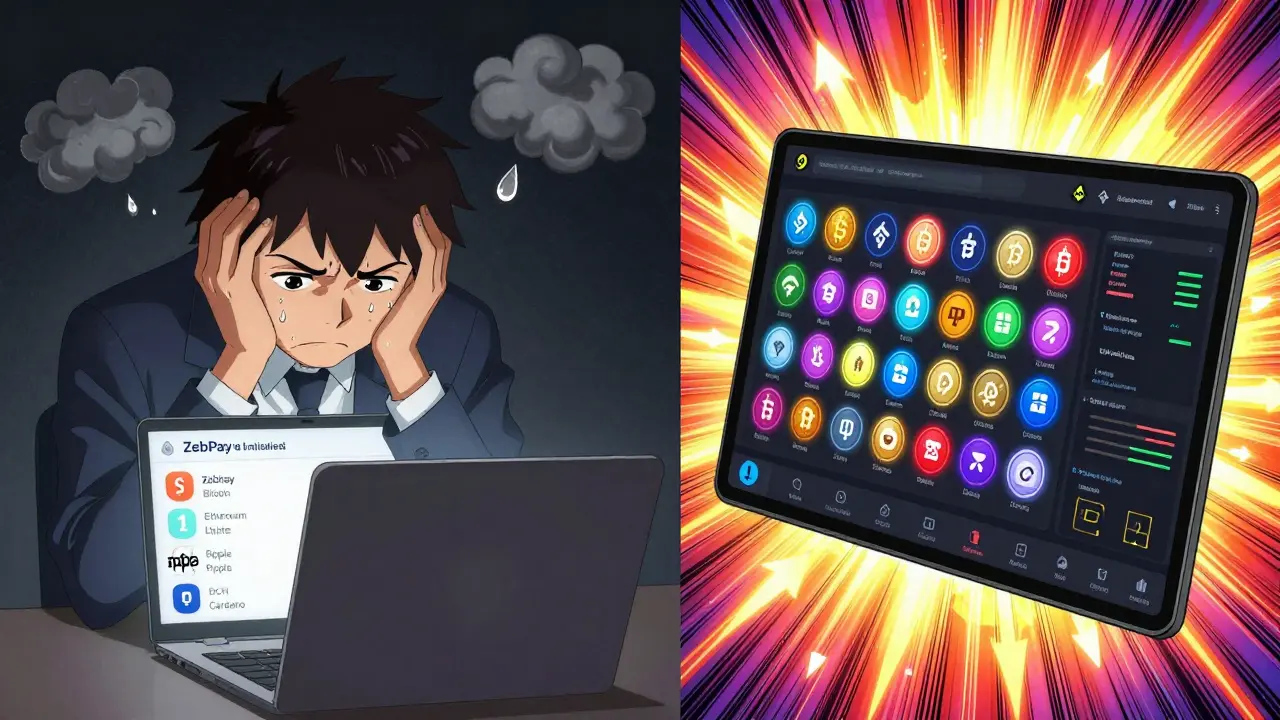 Split screen: limited ZebPay coins vs. vibrant Binance with hundreds of trading options.