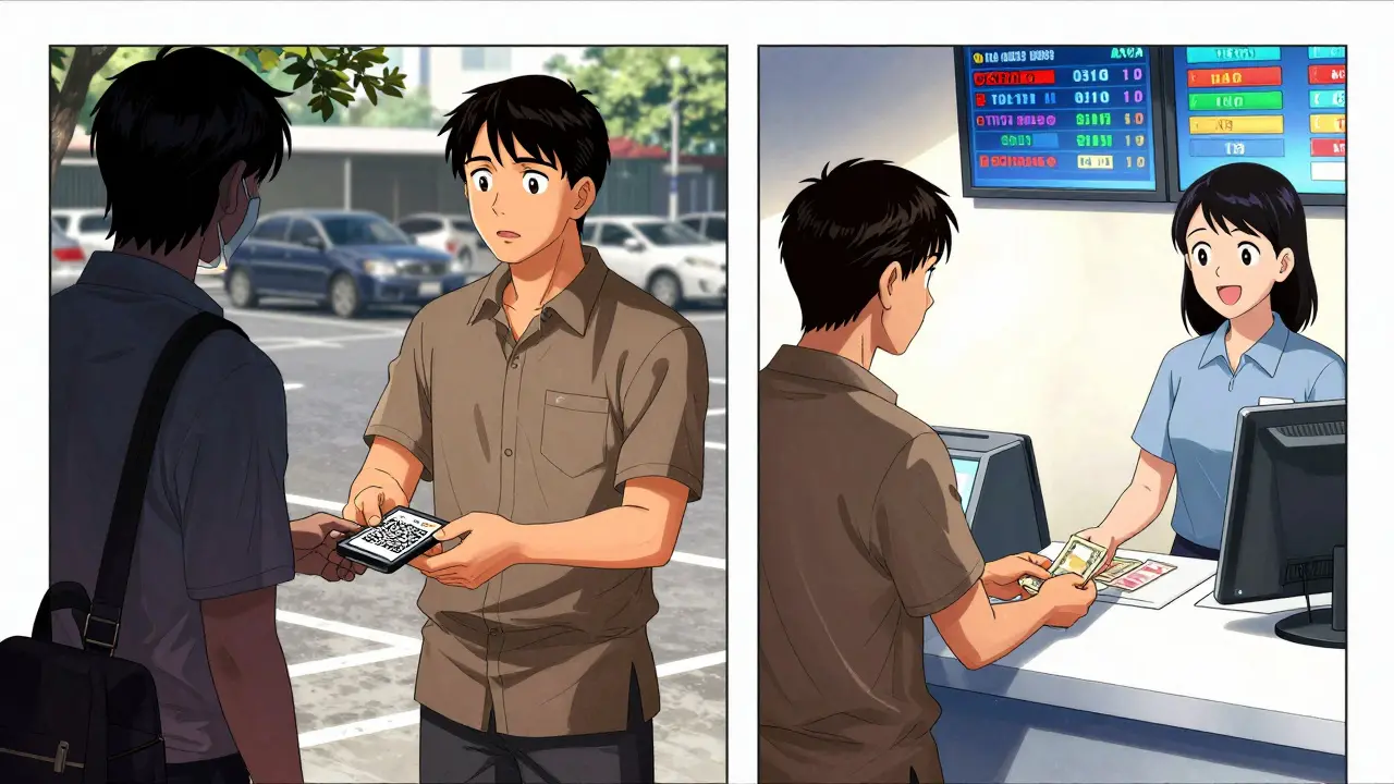 Thai shopkeeper exchanging cash for crypto in parking lot vs. using licensed exchange counter.