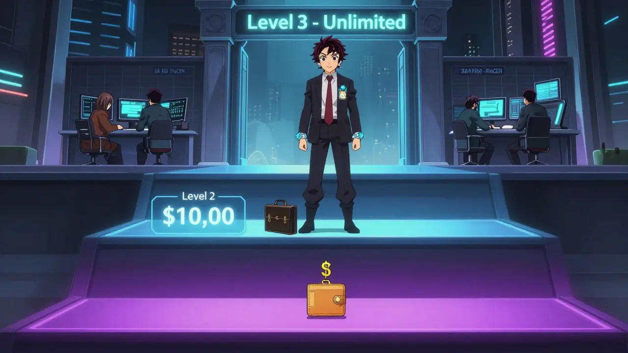 Three-tiered access levels in a futuristic city, showing escalating crypto verification from basic to full compliance.