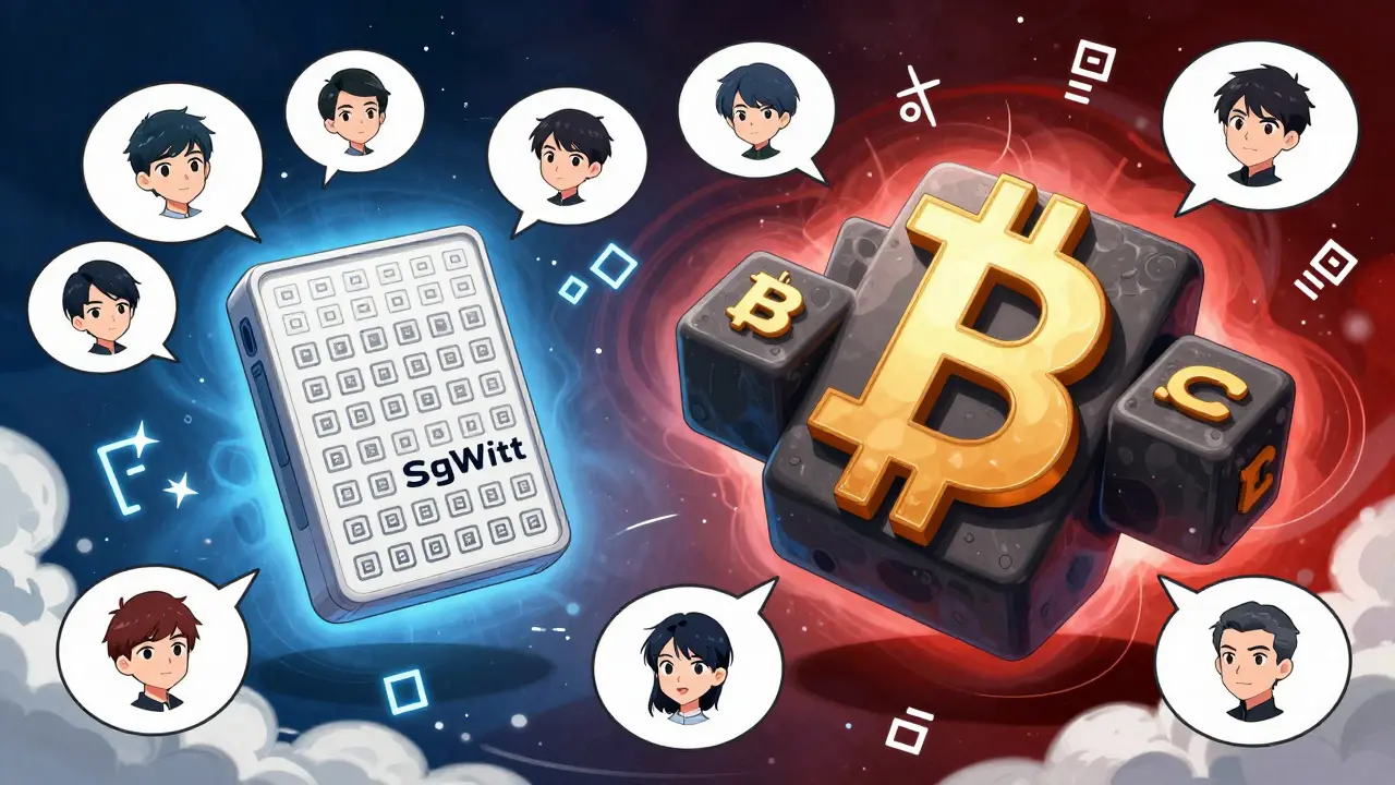 Two blockchain ledgers float apart—one compact, one bloated—with debating faces and digital glyphs swirling around them.