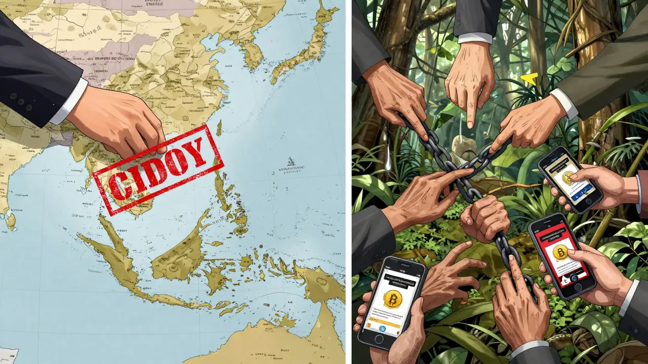 U.S. sanctions stamp over Southeast Asia, connected by chains of hands to American victims of crypto fraud.