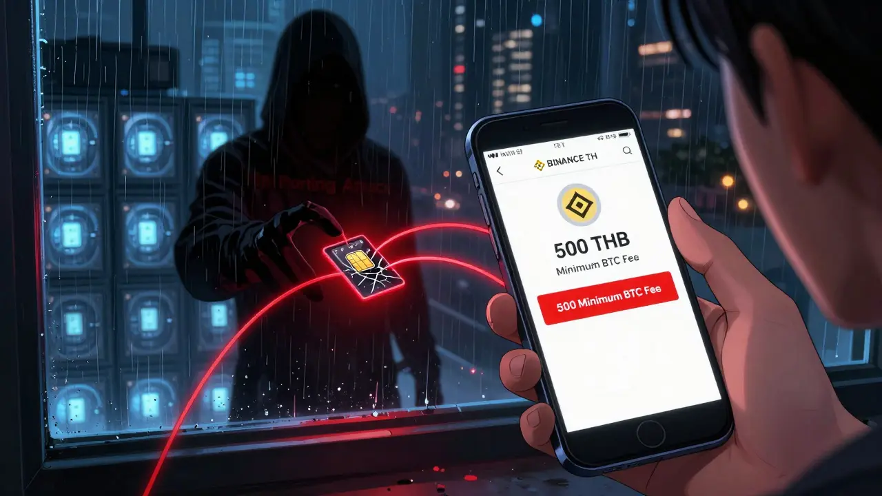 User facing withdrawal fee alert with shadowy SIM attack looming, cold wallets glowing safely behind.