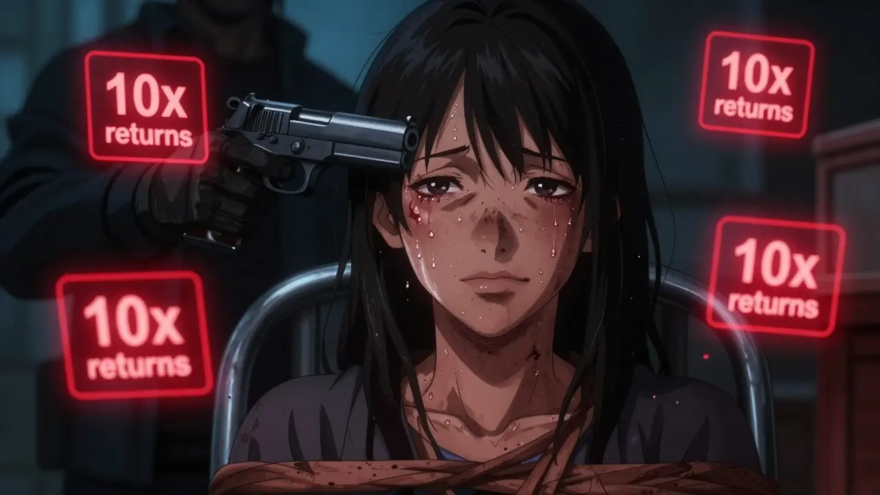 Young victim forced to record a crypto scam video, gun to their head, fake investment graphs floating nearby.