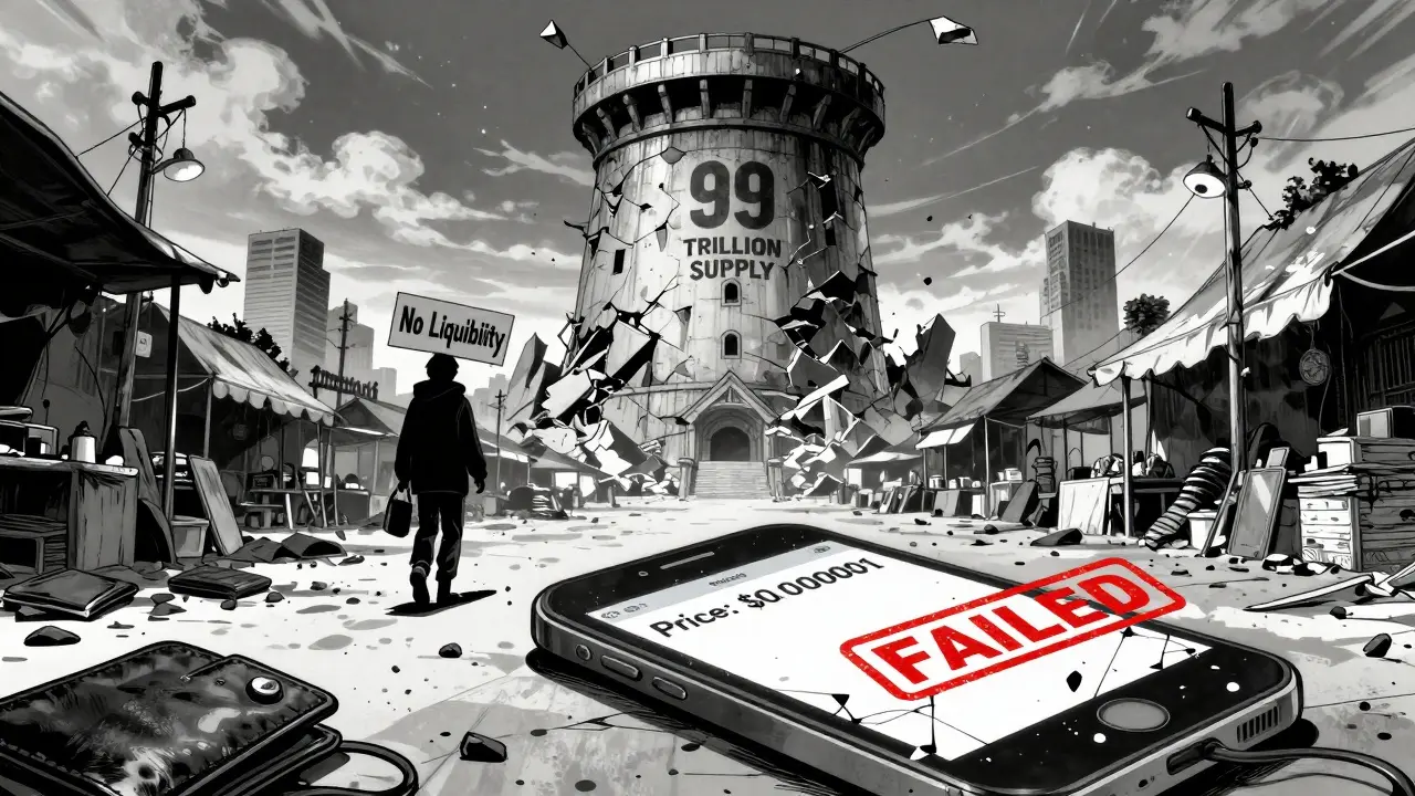 A crumbling tower of 99 trillion tokens looms over an empty marketplace, with a shadowy figure walking away.