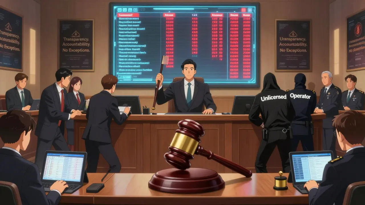 A crypto CEO stands trial as real-time compliance violations flash on holograms, while unlicensed operators are dragged away.