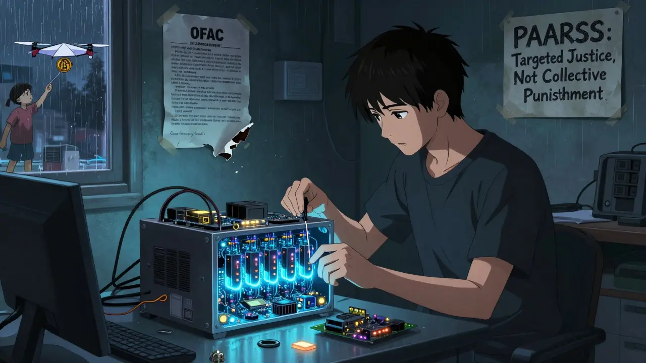 A developer builds a Bitcoin miner at home, tearing down old sanctions notices as new tech arrives.