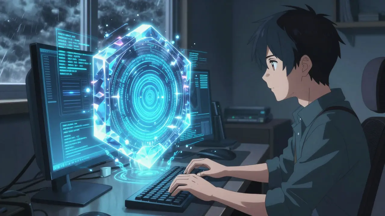 A developer in a dark room creates a pulsing digital genesis block using holographic code interfaces.