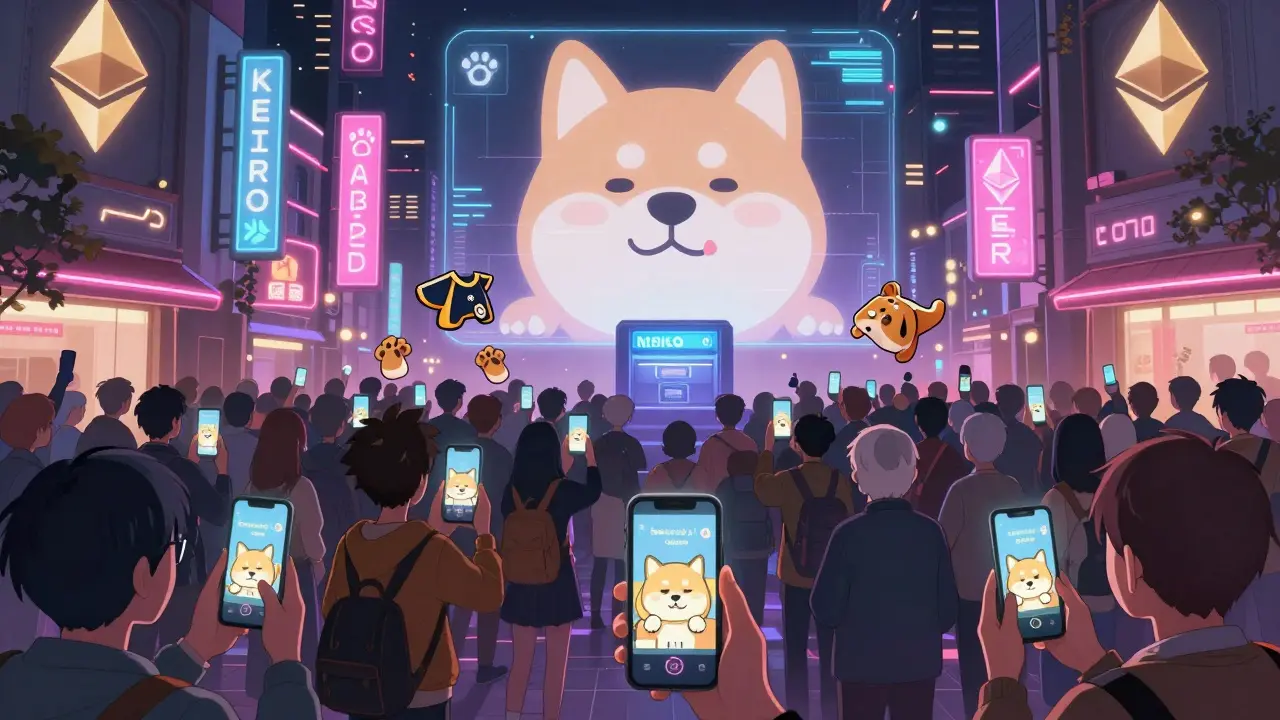 A digital town square filled with people watching Neiro's video, surrounded by neon dog-themed signs and floating NFT dog outfits.