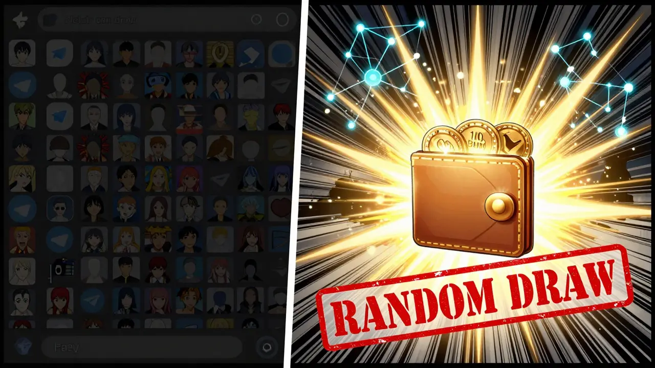 A dramatic manga-style split scene showing a crowded Telegram group and a single wallet receiving BUNI tokens.