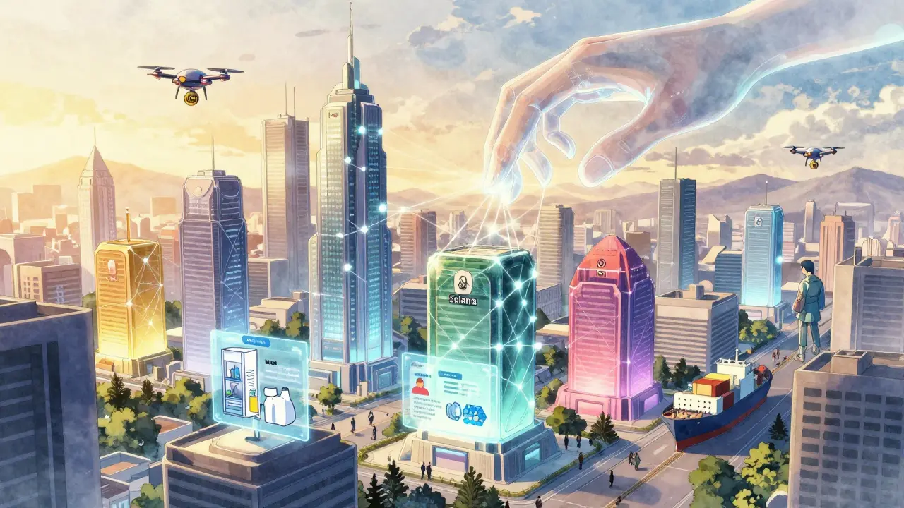 A futuristic city where blockchain nodes power real-world applications like smart fridges and hospitals.