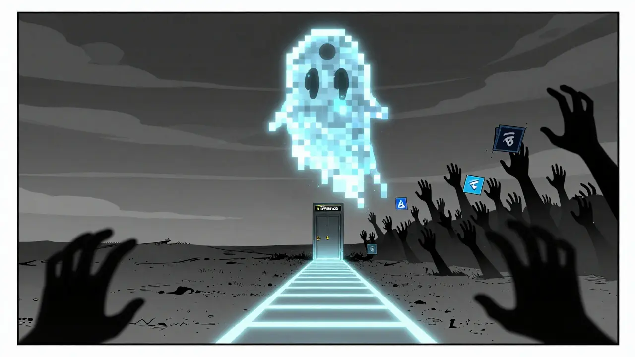 A ghostly A5T token floating above an empty digital world, with shadowy hands reaching from darkness toward a locked Binance door.