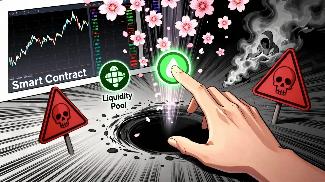A hand reaches into a smart contract black hole as code flows like cherry blossoms, with warning signs nearby.