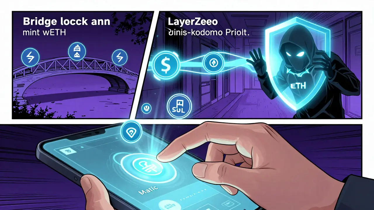 A hand using a wallet to send crypto across chains, with hidden protocols blocking a hacker.