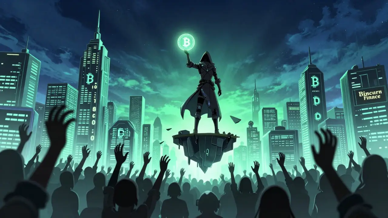 A lone hero on a digital platform holds a glowing BUNI token as thousands reach up from below in a blockchain city.