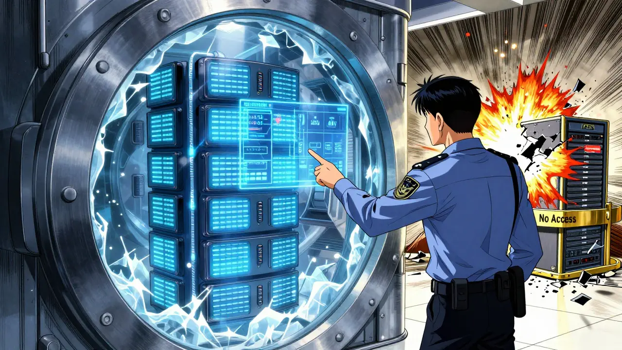 A secure cold wallet vault glows with blue energy as an FSA officer monitors segregated crypto assets, while a hacked server explodes behind a golden barrier.