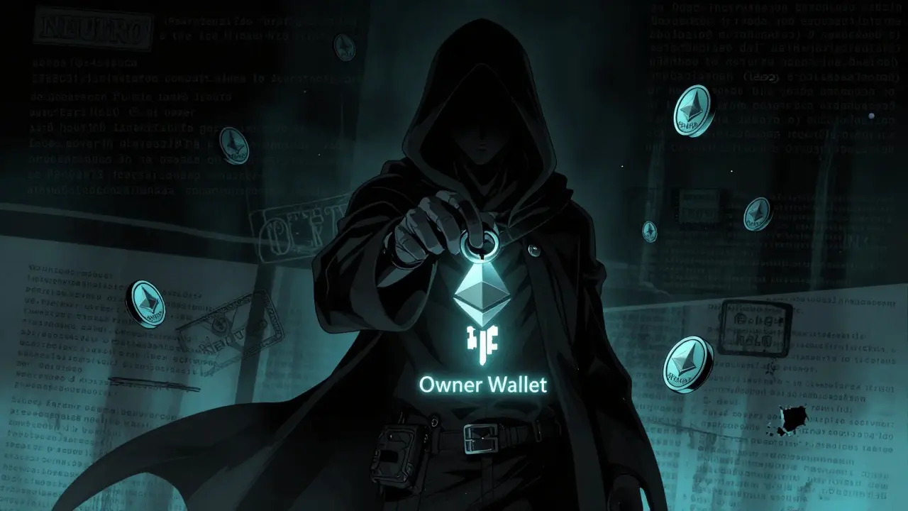 A shadowy figure holding a key to a blockchain, with fading NEUTRO tokens around them.
