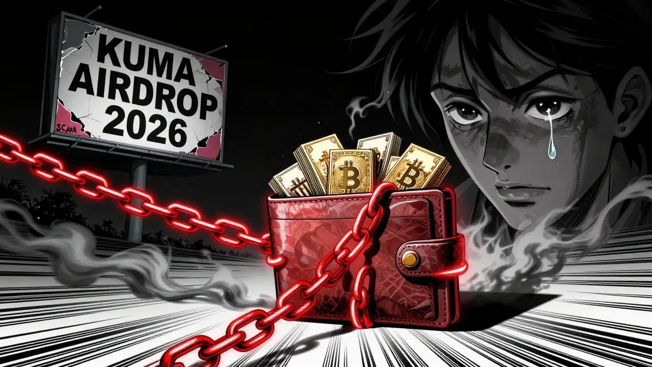 A wallet being drained by a honeypot contract as a user cries, with a 'KUMA AIRDROP' billboard crumbling.