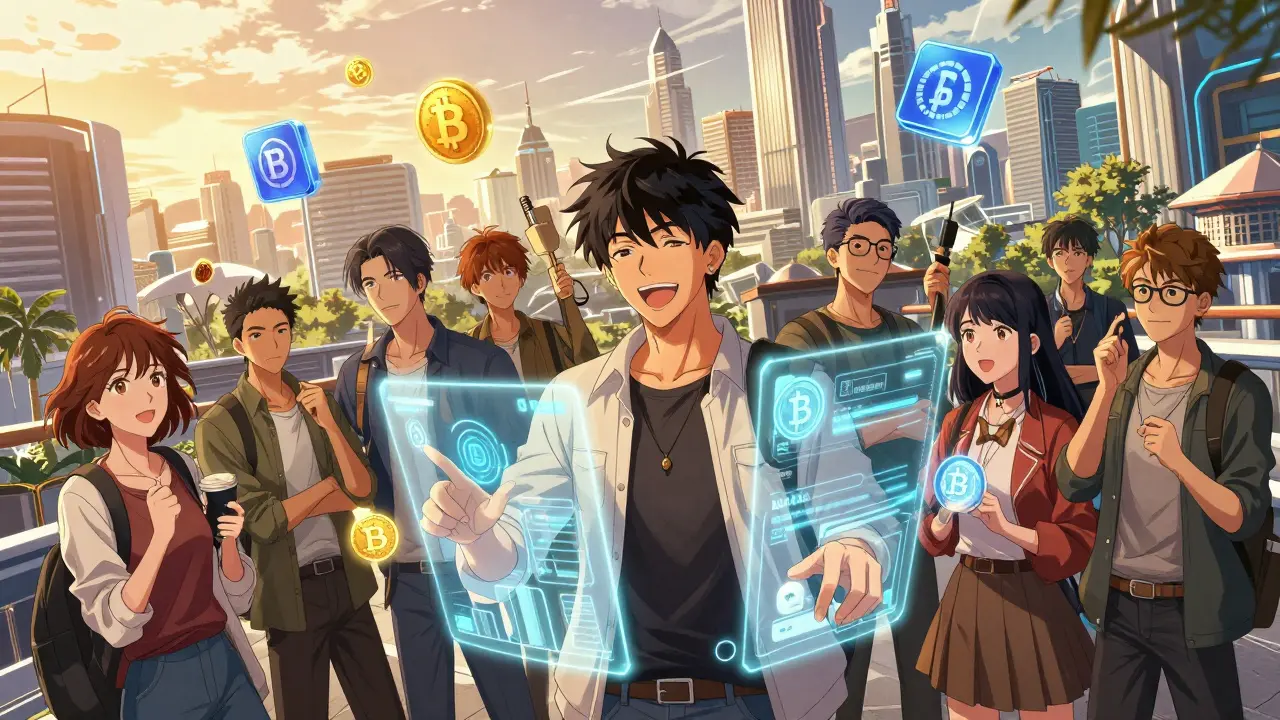 Anime community interacting with DeFi tokens and blockchain tech