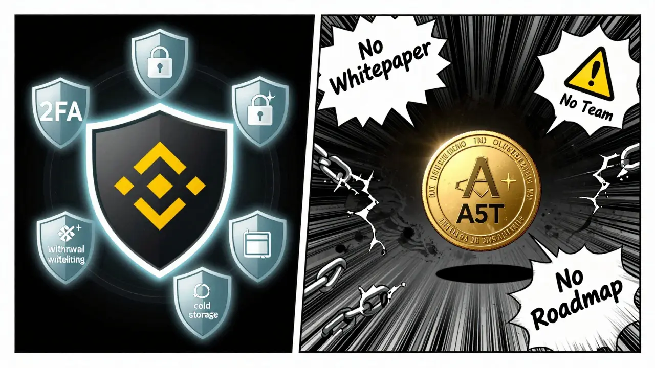 Binance security features protecting a small A5T token versus the same token alone in a dark void with warning signs.