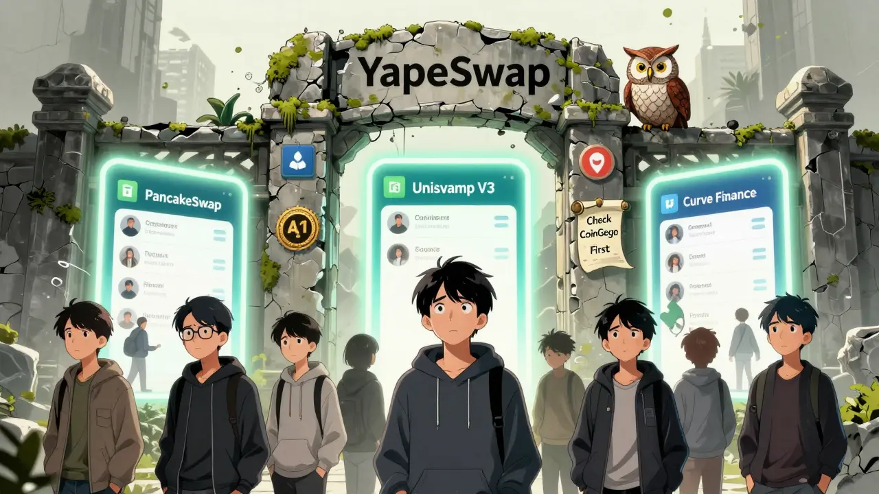 Confused users before a crumbling 'YapeSwap' gate, while three real DEXs glow invitingly in the background.