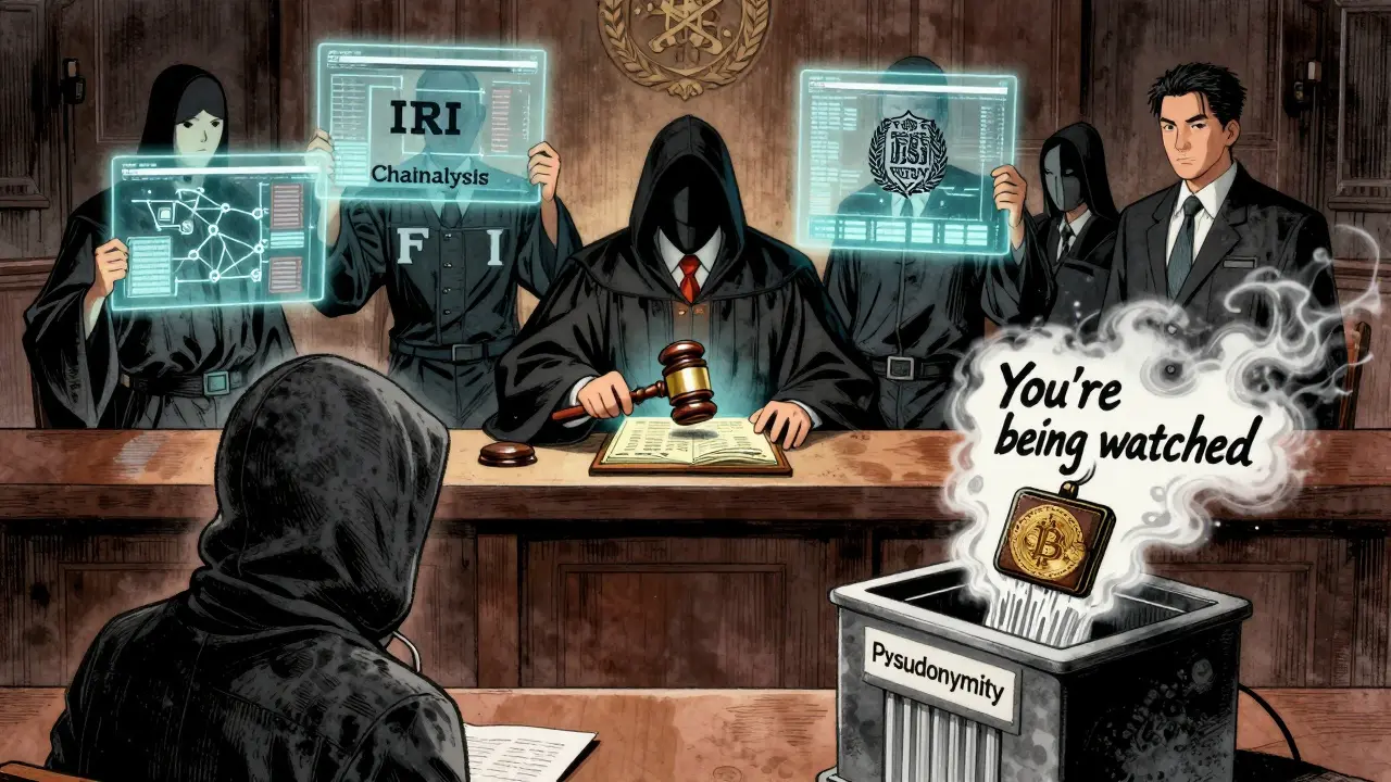 Courtroom with blockchain ledger and surveillance entities looming over a hooded figure shredding a Bitcoin wallet.