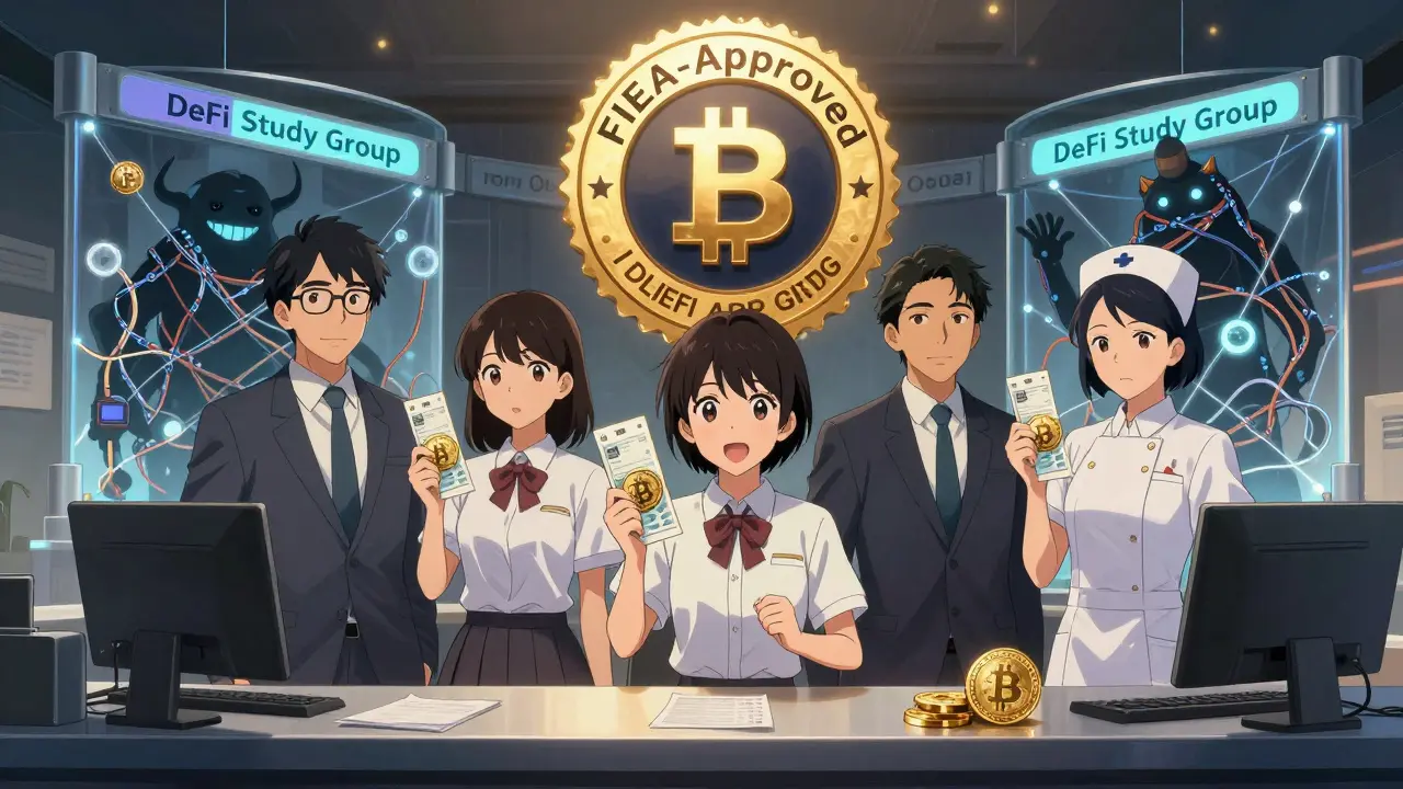 Japanese citizens buy a regulated crypto ETF at a broker counter, while a DeFi monster is contained by glowing guardrails labeled 'DeFi Study Group'.
