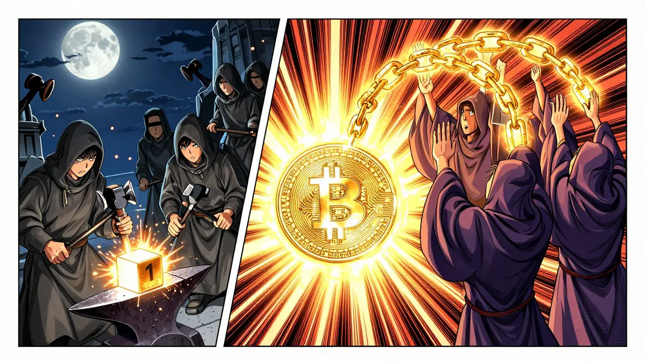 Miners and validators battle to forge the genesis block, one with hammers, the other with stakes, under a glowing relic.