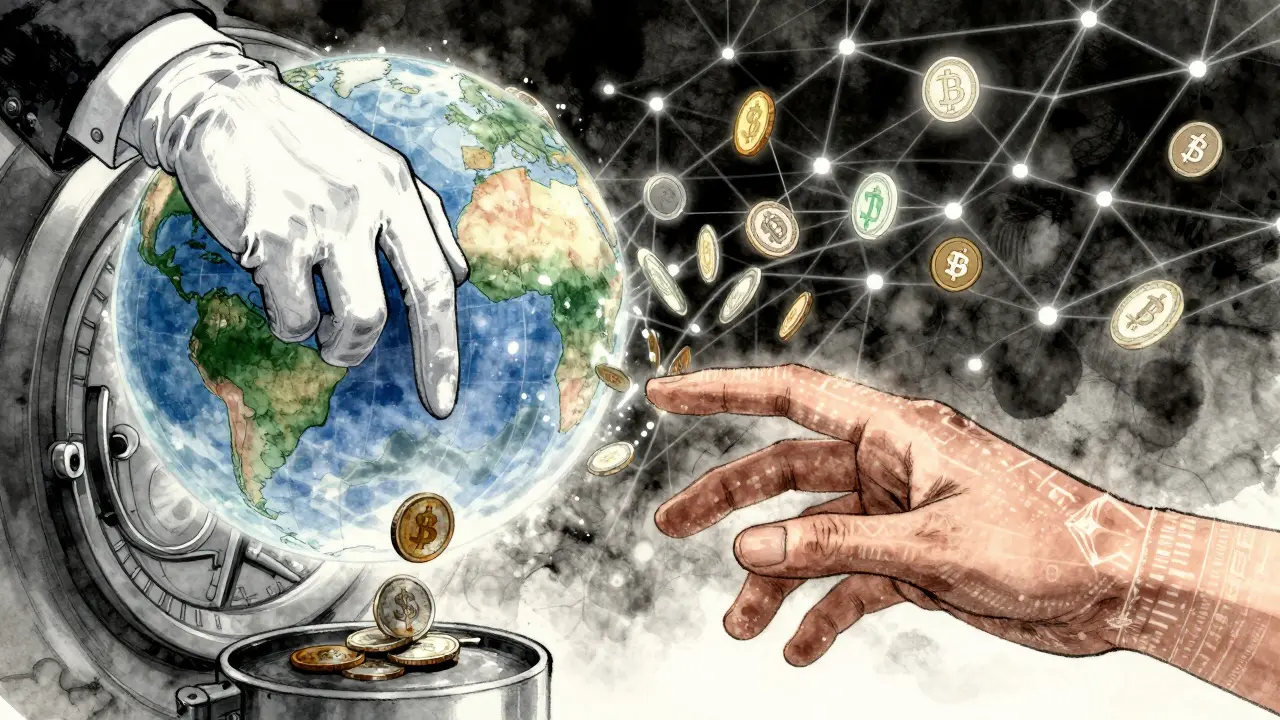 One hand drops a fiat coin into a vault while another releases crypto tokens that connect global communities.