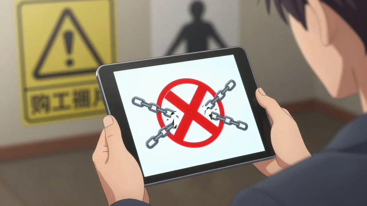 Person examining tablet with red X on crypto symbol and broken chain, warning signs.