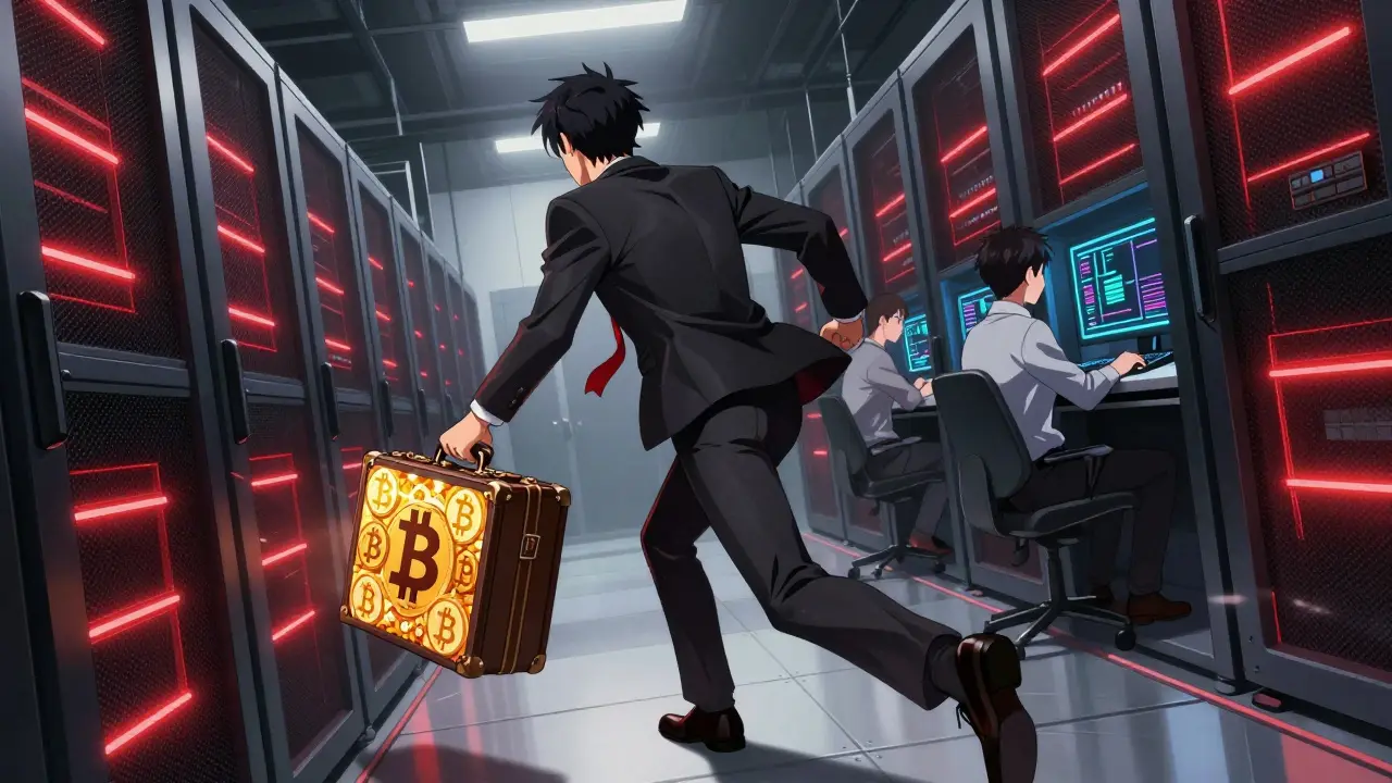 Server room with red lights, CEO fleeing with Bitcoin coins as users look confused.