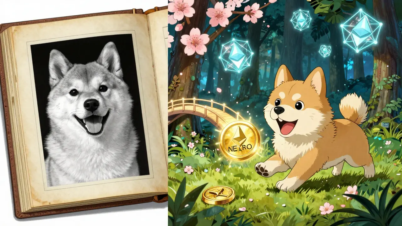 Split manga panel showing Kabosu's photo on one side and Neiro chasing a glowing NEIRO token on the other, connected by cherry blossoms.