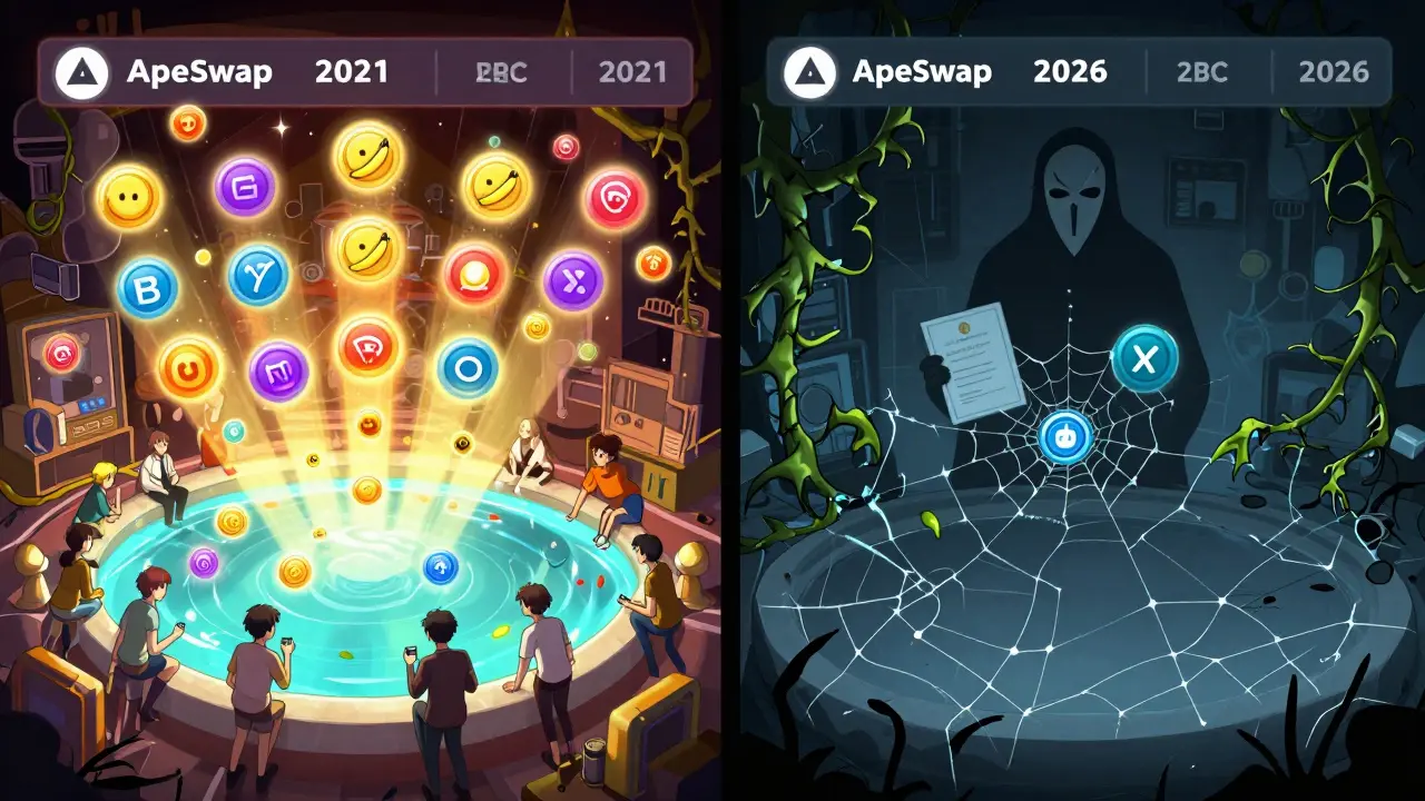 Split manga panel: vibrant 2021 ApeSwap vs. decaying 2026 version with a shadowy 'Y' figure looming.