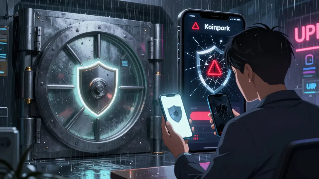 Split scene comparing secure CoinDCX vault to cracked Koinpark app with warning symbols
