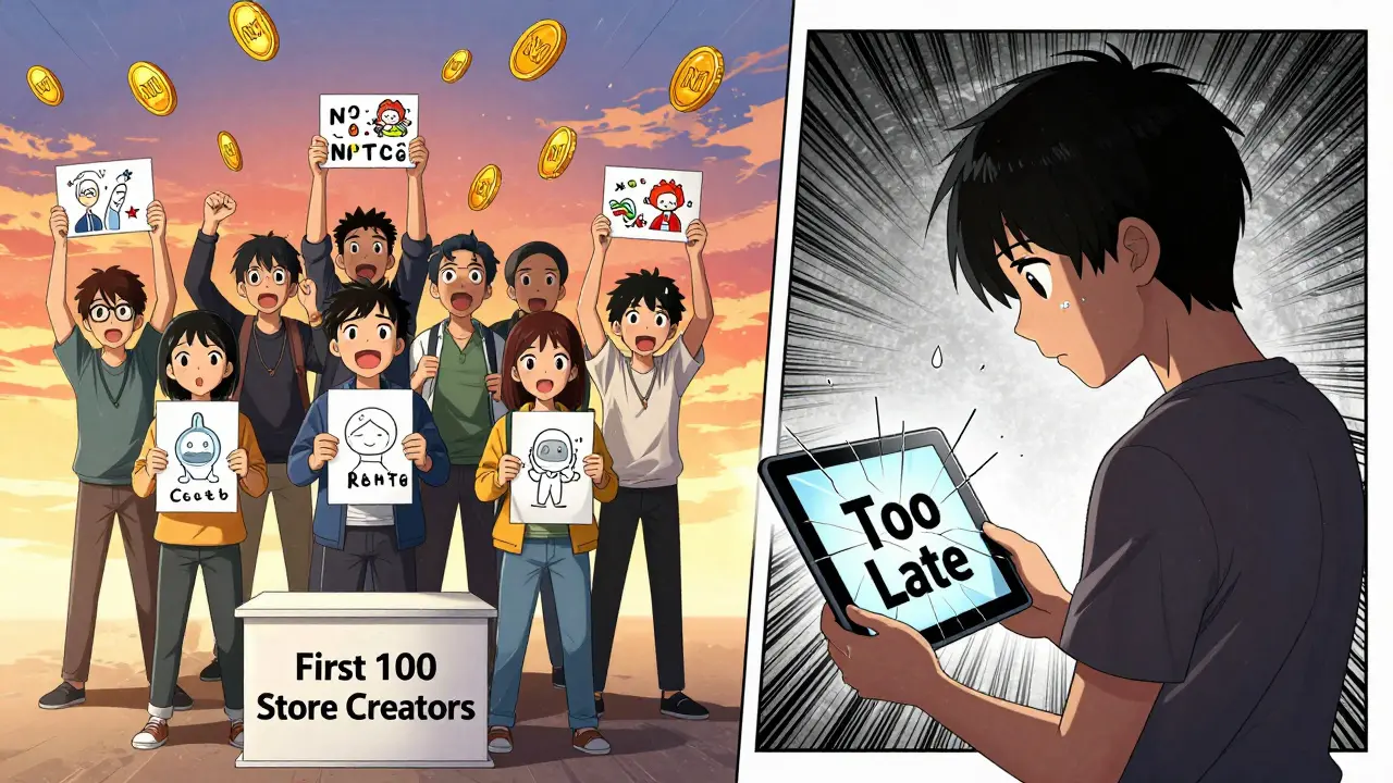 Ten creators celebrating as N1 tokens rain down, while another stares at a 'Too Late' screen in contrast.