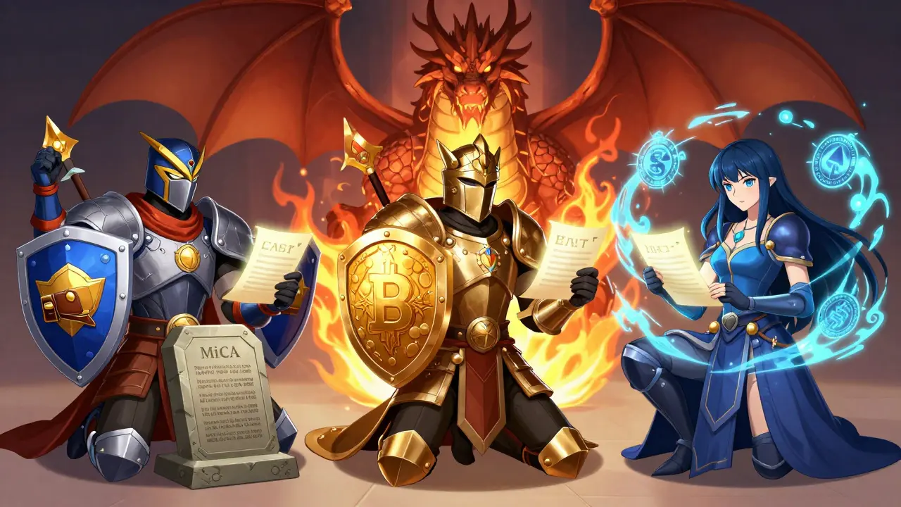 Three crypto entity types kneel before the MFSA dragon, submitting application scrolls in a stylized manga courtroom scene.