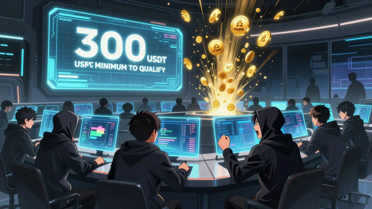 Traders in a futuristic exchange hall celebrating prize tokens from a trading competition, with holographic price charts glowing behind them.