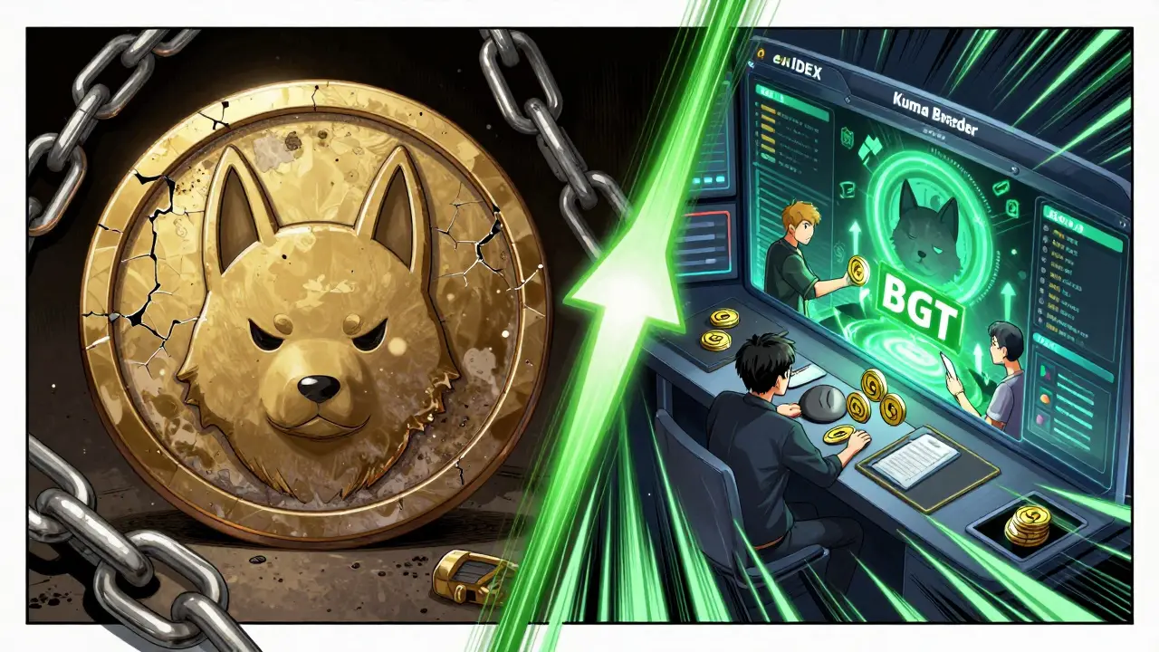 Two contrasting crypto worlds: dormant Kuma Inu vs. active Kuma (ex-IDEX) trading platform.