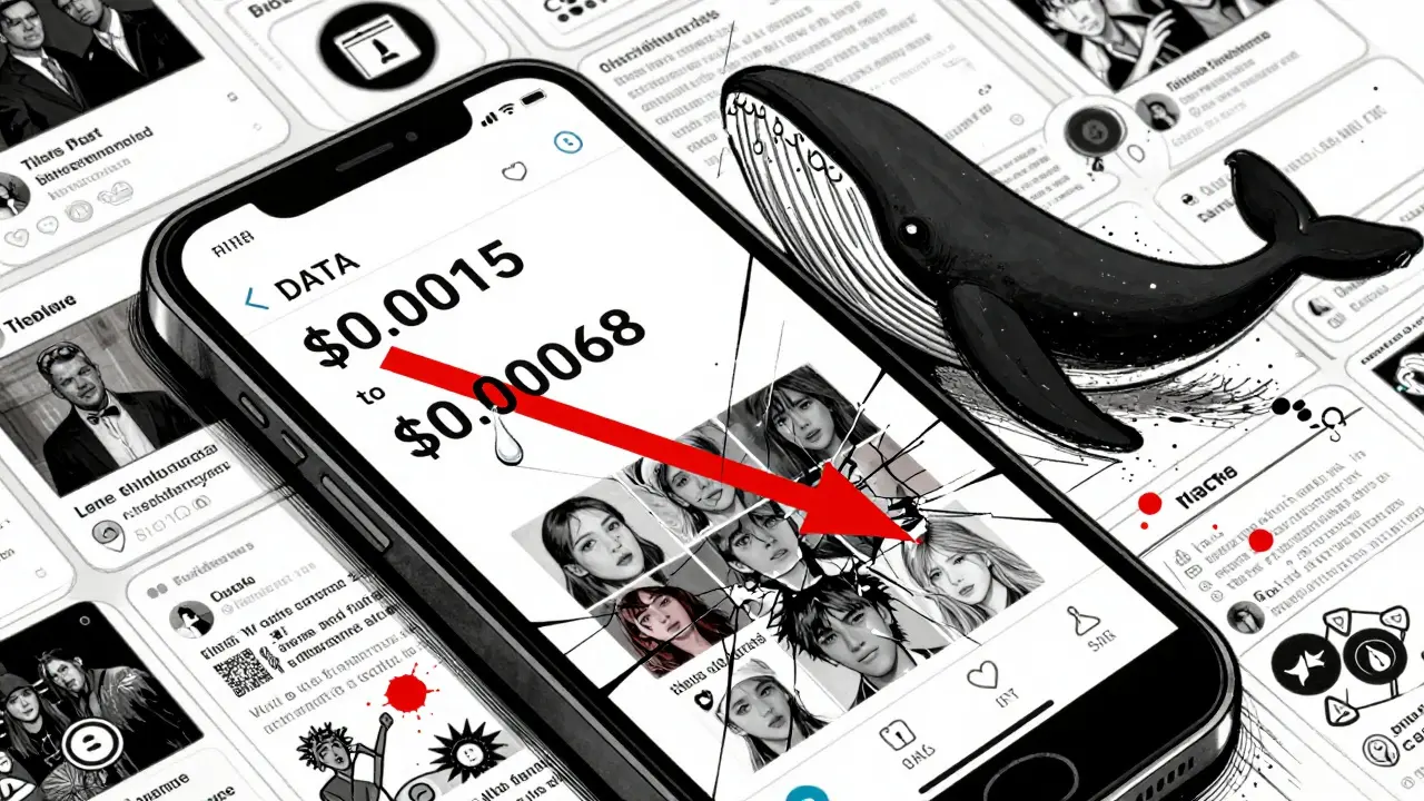 A cracked phone screen showing DATABOT's price crash, with a tear and looming whale shadow reflected.