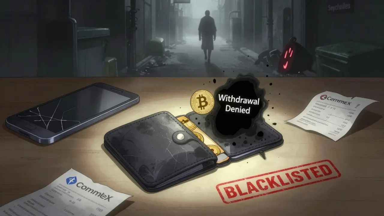 A crypto wallet vanishing into a black hole labeled 'Withdrawal Denied', surrounded by a cracked phone, torn receipt, and a 'BLACKLISTED' stamp in shadowy alley.