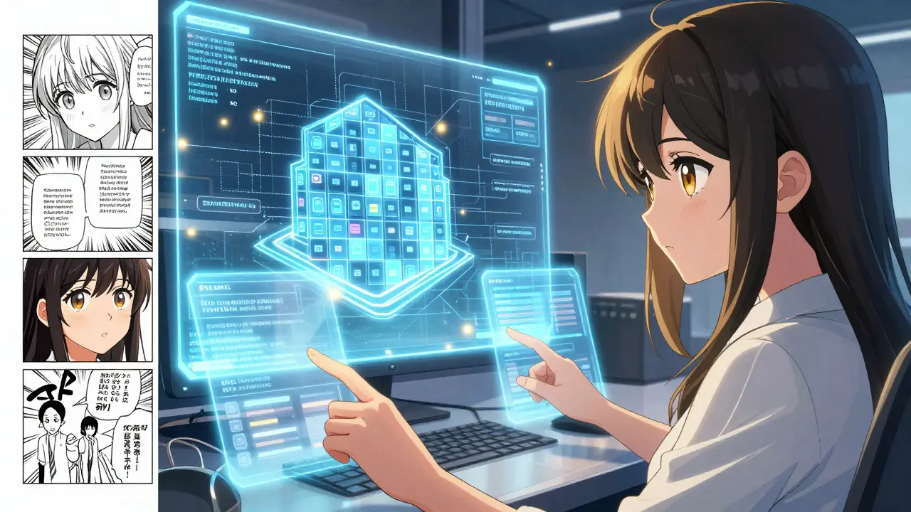 A female engineer managing tokenized real estate and compliance systems through holographic interfaces.