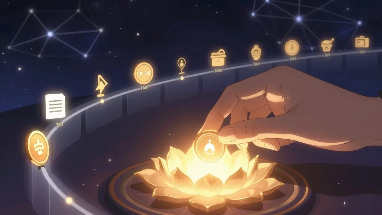 A hand places a token into a glowing smart contract shaped like a lotus, with milestone icons floating nearby.