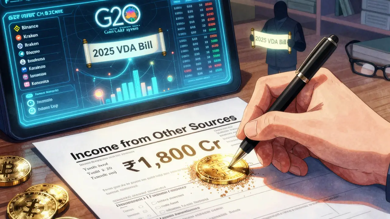 A hand signing tax forms as crypto coins flow into a tax vault under global data streams in manga style.