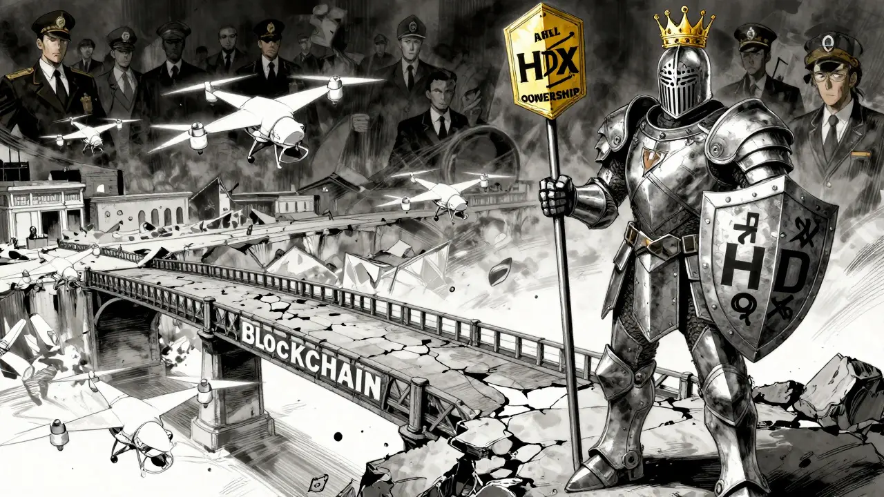 A knight representing real stock standing strong against fragile HDX tokens on a crumbling blockchain bridge.