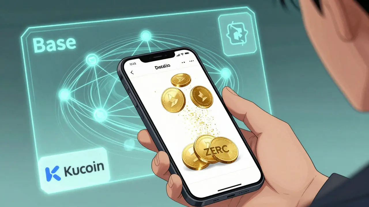 A player's wallet interface showing DERC tokens dissolving into ZERC tokens, with Base blockchain visuals and exchange logos in the background.