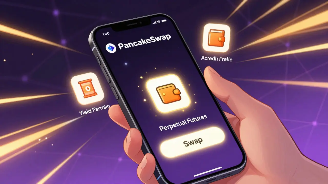 A smartphone screen showing PancakeSwap’s interface with farming, lottery, and futures icons glowing against a BSC blockchain network.