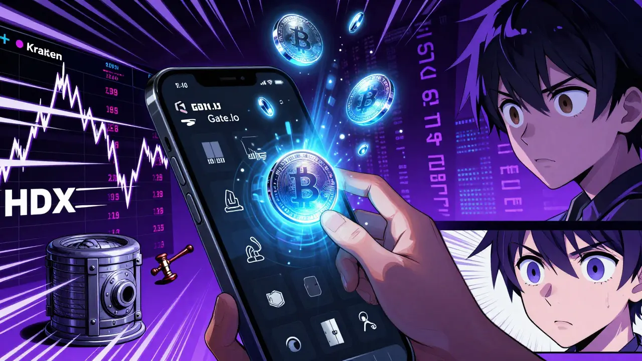 A smartphone showing HDX price fluctuations across exchanges with chaotic energy lines and glowing tokens.