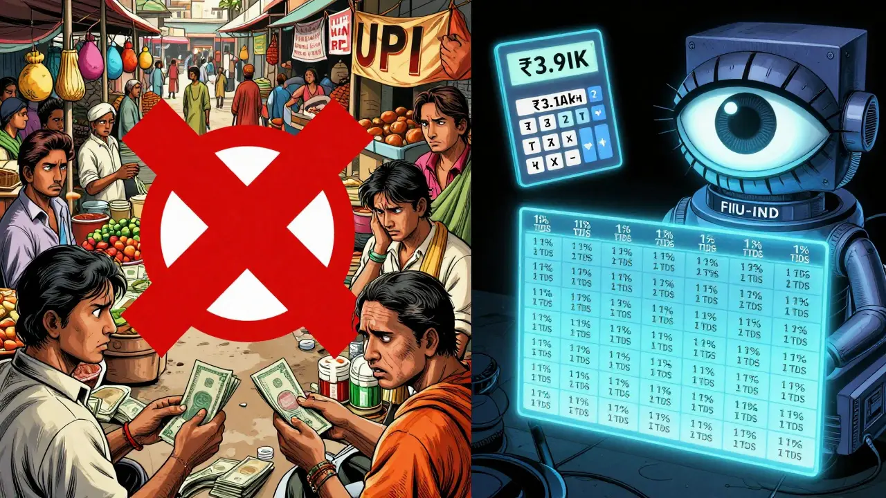 A split scene showing crypto banned in markets while transactions are tracked by a monitoring eye in manga style.