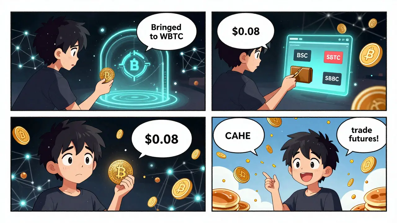 A three-panel manga showing a user bridging Bitcoin to WBTC, swapping on BSC with low fees, and earning CAKE tokens through staking and lottery.