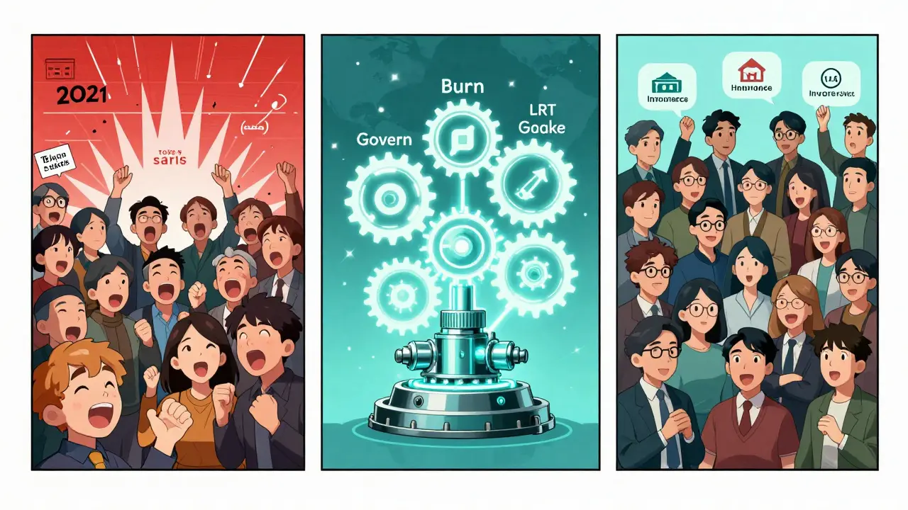 A three-panel manga showing the evolution of tokenomics from chaotic speculation to balanced, functional economics.